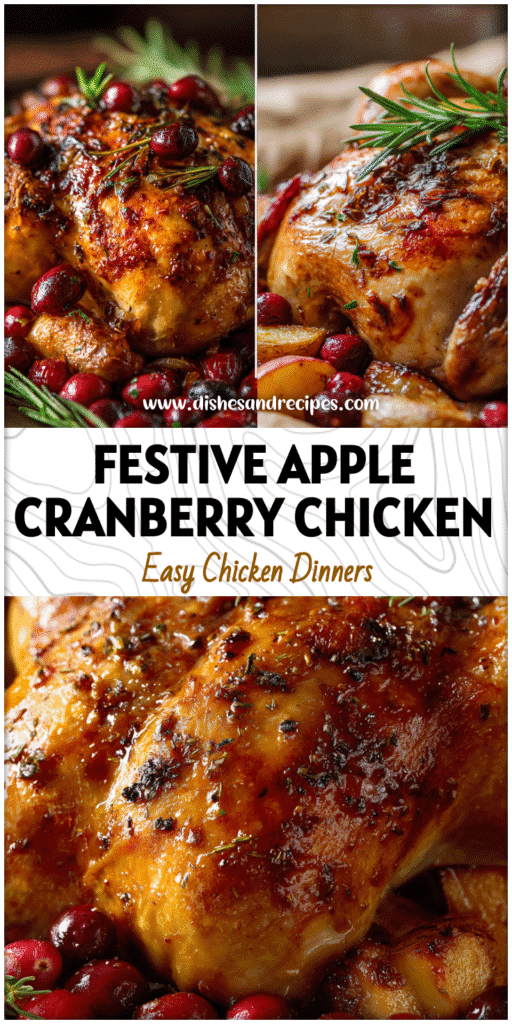 Golden roasted chicken with apples and cranberries on a holiday table.